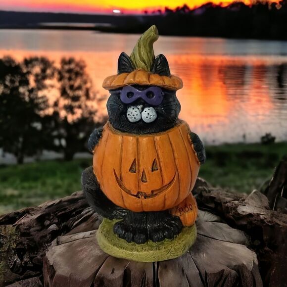 Stone Bunny Inc Black Cat In A Pumpkin Telle M Stein Halloween Figure Vintage. - Picture 14 of 14